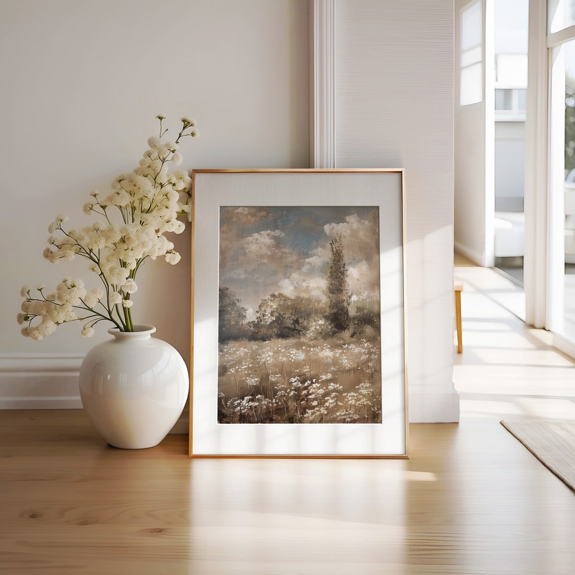 Sepia Meadow White Wildflowers Cloudy Sky Neutral Oil Poster - Image 2