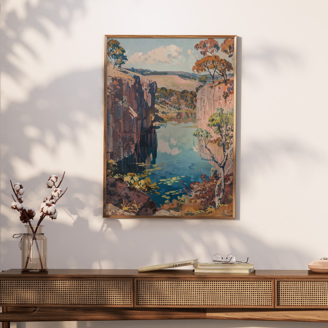 Vintage River Canyon Cliffs Autumn Valley Landscape Oil Poster - Image 2