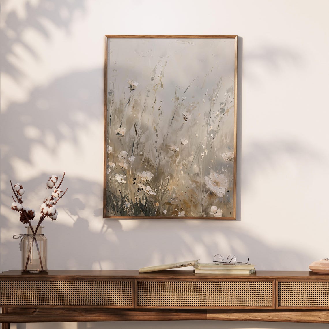 Abstract White Wildflower Meadow Wispy Neutral Floral Painting Poster - Image 2
