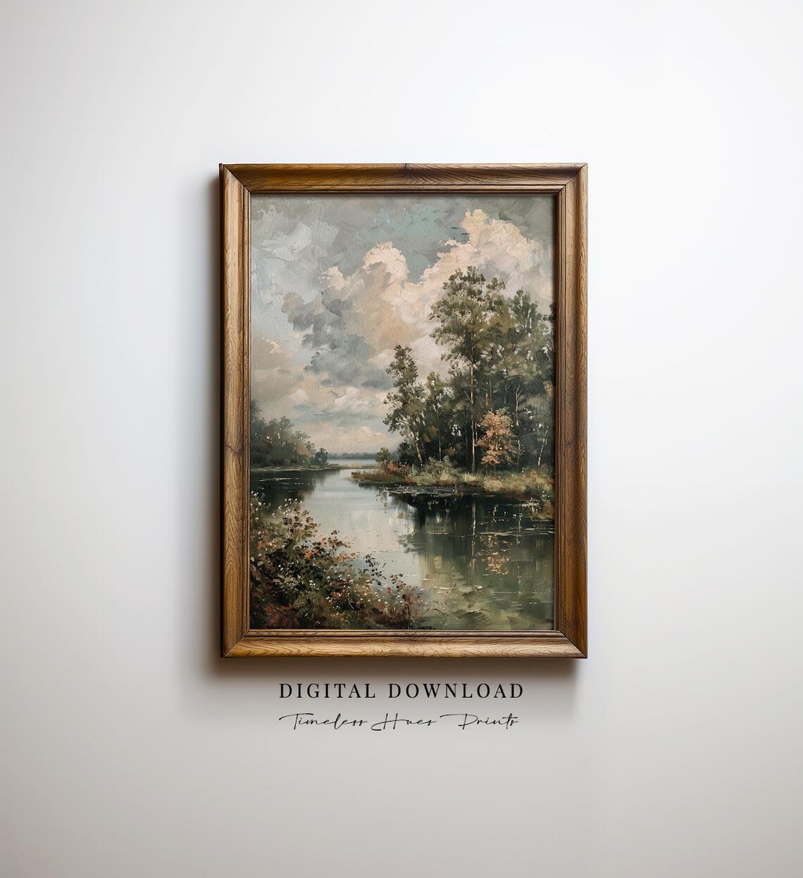 Lakeside Cottage Moody River Art Print, Rustic Farmhouse