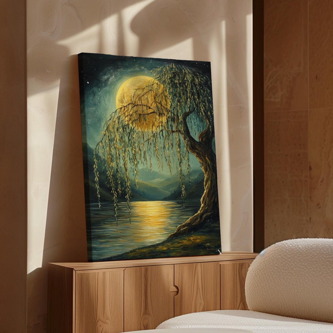 Golden Moon Glowing Behind Weeping Willow Over Lake Art Poster