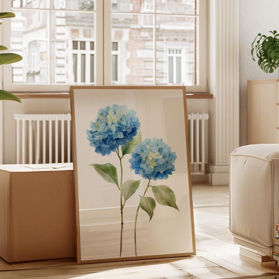 Blue Hydrangea Watercolor Soft Floral Botanical Wall Art