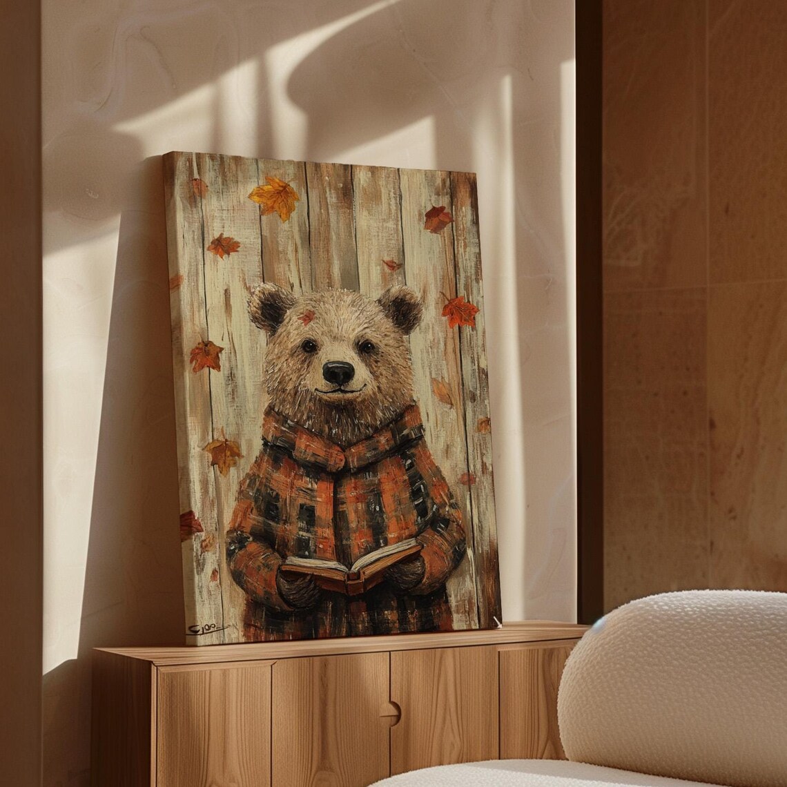 Cozy Autumn Bear Reading, Rustic Woodland Decor