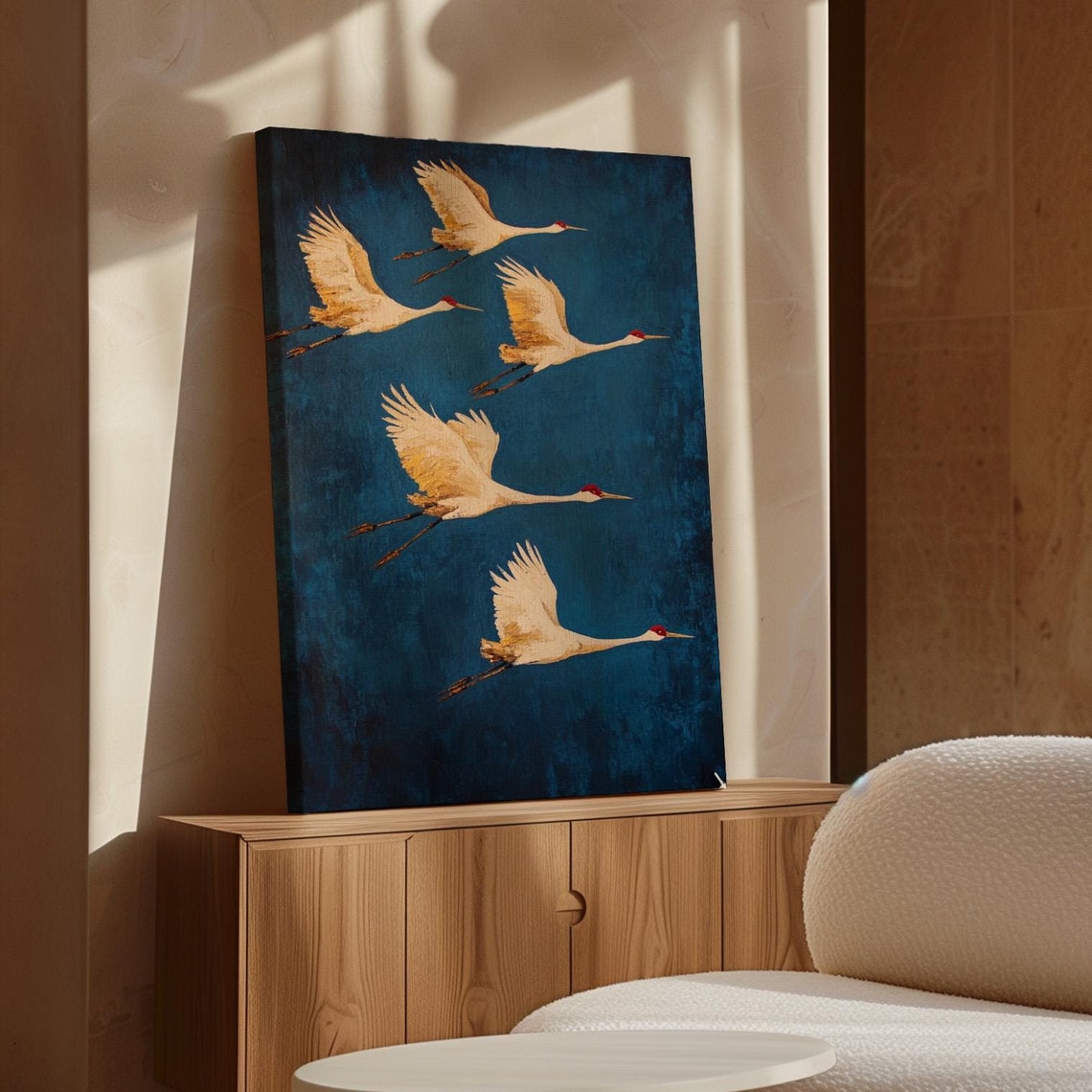 Five White Cranes In Flight On Teal Textured Asian Art Poster
