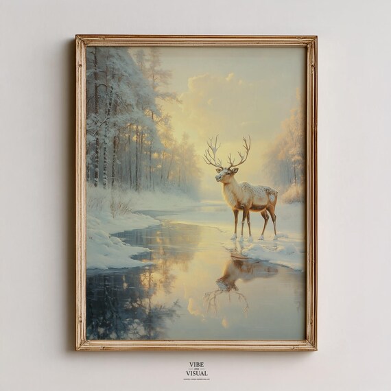 Moody Reindeer By Frozen Pond Painting Vintage Winter Landscape Art Rustic Cozy Decor Wall Instant 113