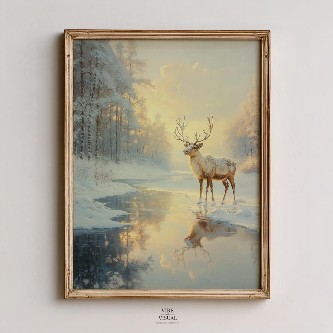 Reindeer Stag Frozen Pond Sunrise Snowy Forest Vintage Winter Poster