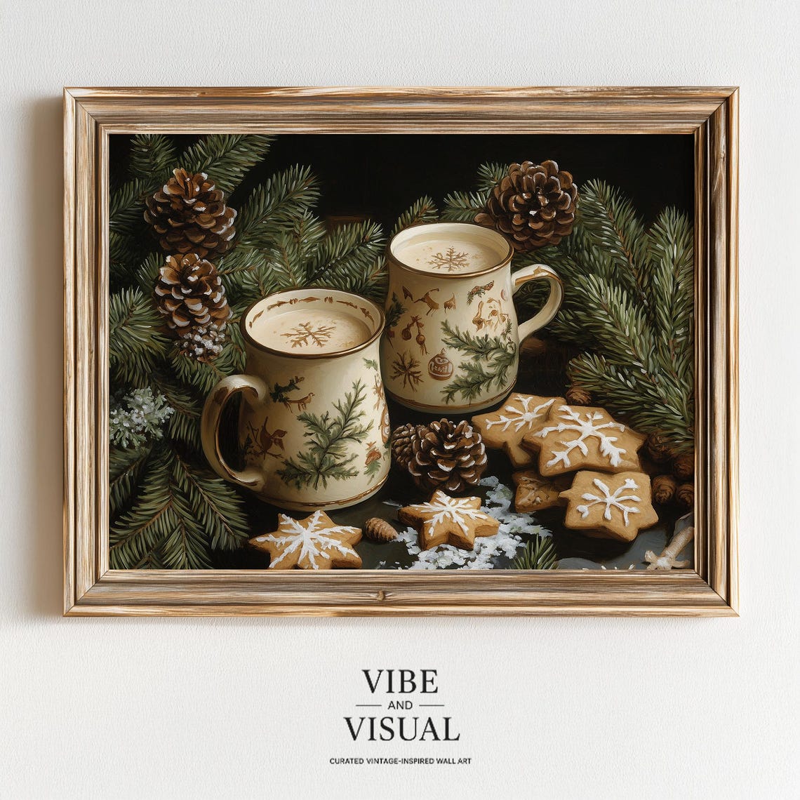 Two Eggnog Mugs Star Gingerbread Cookies Pinecones Festive Art Poster
