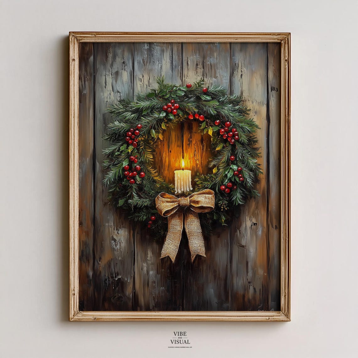 Rustic Christmas Wreath with Candle and Burlap Bow Holiday Wall Art