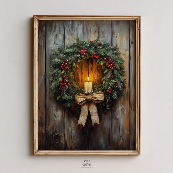 Rustic Candlelit Wreath Wall Art Cozy Holiday Decor Farmhouse Still Life Painting Warm Mood 85