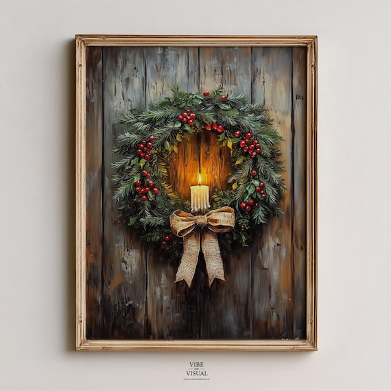 Rustic Christmas Wreath with Candle and Burlap Bow Holiday Wall Art
