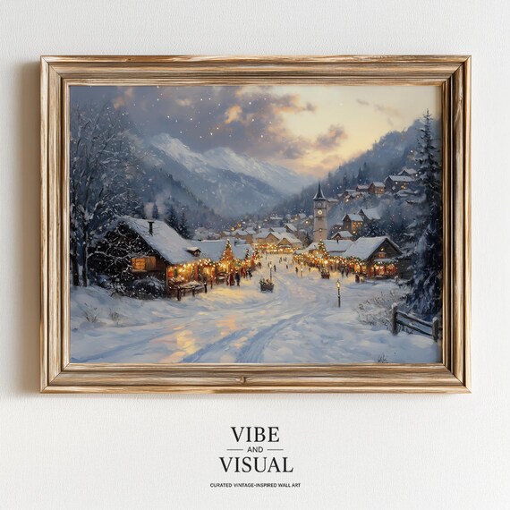 Snowy Alpine Village Christmas Market Dusk Painting Art Poster