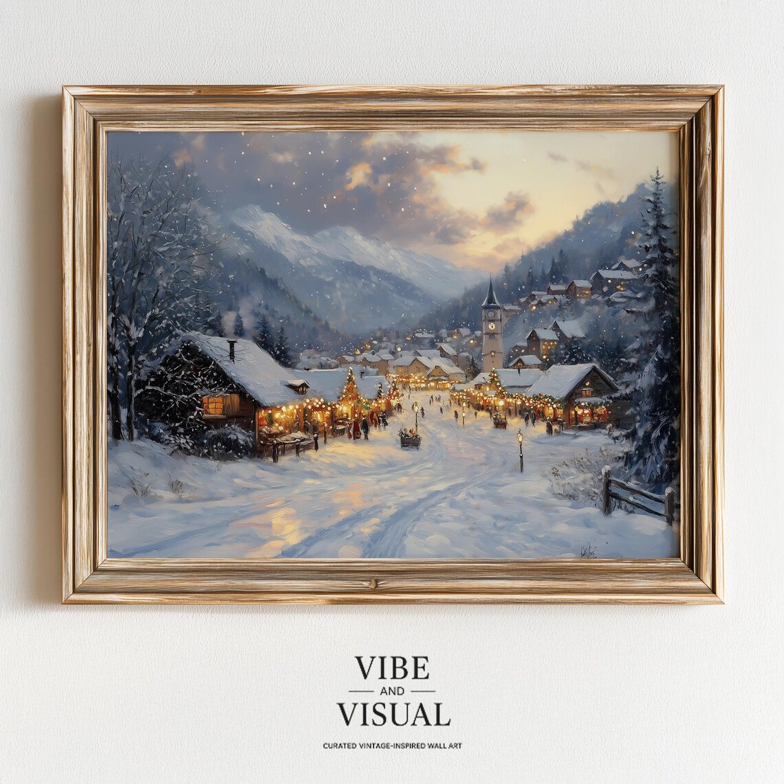 Snowy Alpine Village Christmas Market Dusk Painting Art Poster