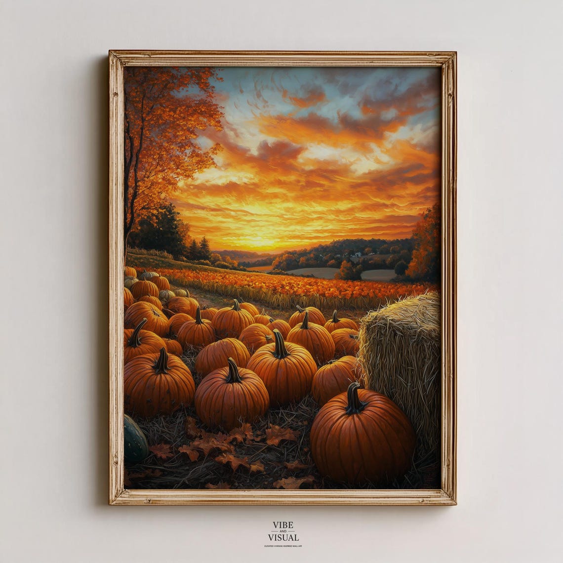 Rustic Fall Pumpkin Patch At Sunset Autumn Landscape Cozy Farmhouse Decor Realistic Painting Harvest Wall Art 83