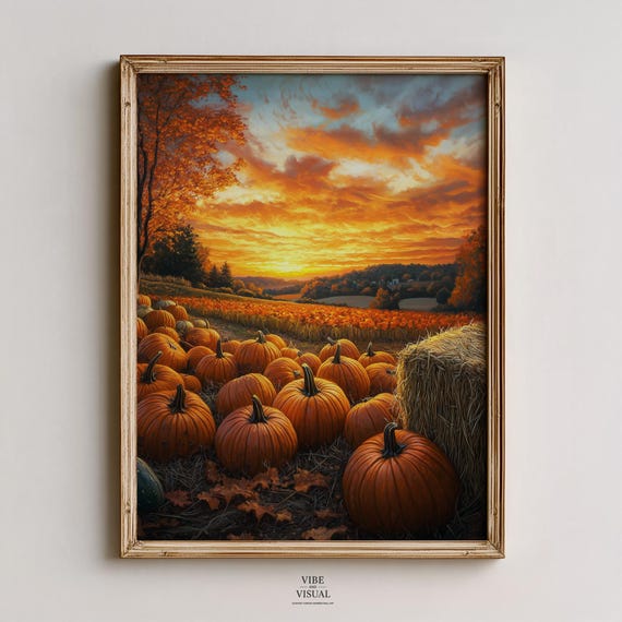 Rustic Fall Pumpkin Patch At Sunset Autumn Landscape Cozy Farmhouse Decor Realistic Painting Harvest Wall Art 83