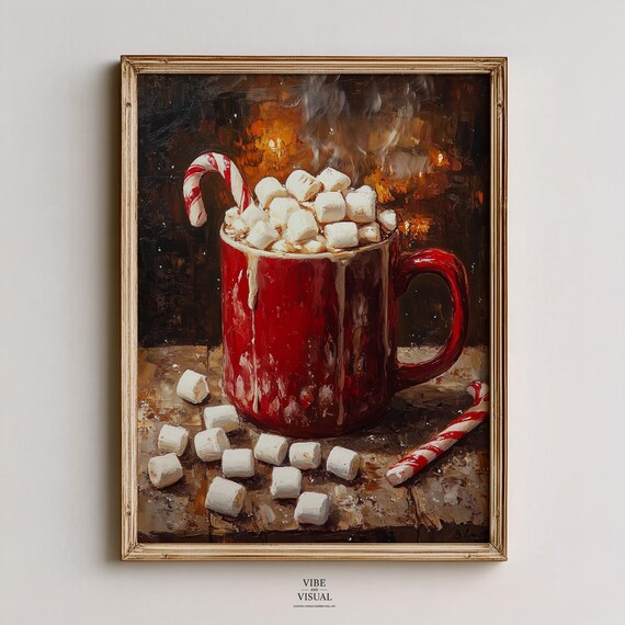 Red Enamel Mug Of Cocoa Marshmallows Candy Cane Rustic Christmas Poster