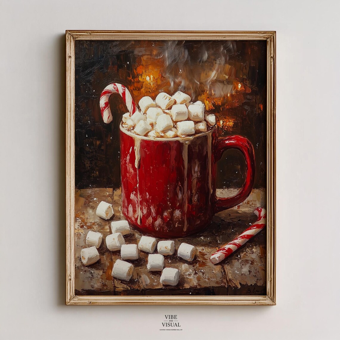 Red Enamel Mug Of Cocoa Marshmallows Candy Cane Rustic Christmas Poster