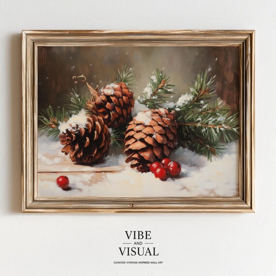 Snow Dusted Pinecones And Berries Winter Botanical Painting Poster Art