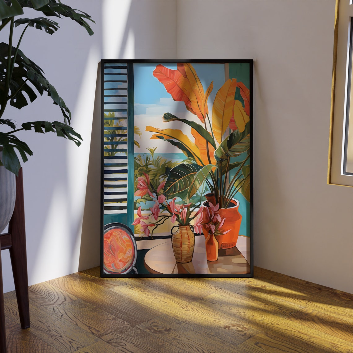 Tropical Banana Leaves Terracotta Pots Floral Still Life Wall Art - Image 2