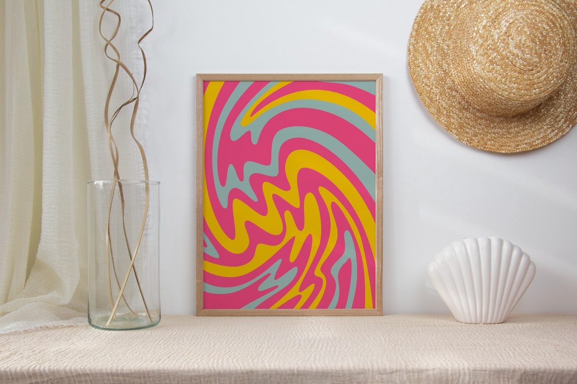Retro 70s Groovy Pink Yellow Teal Wavy Swirl Abstract Poster - Image 4
