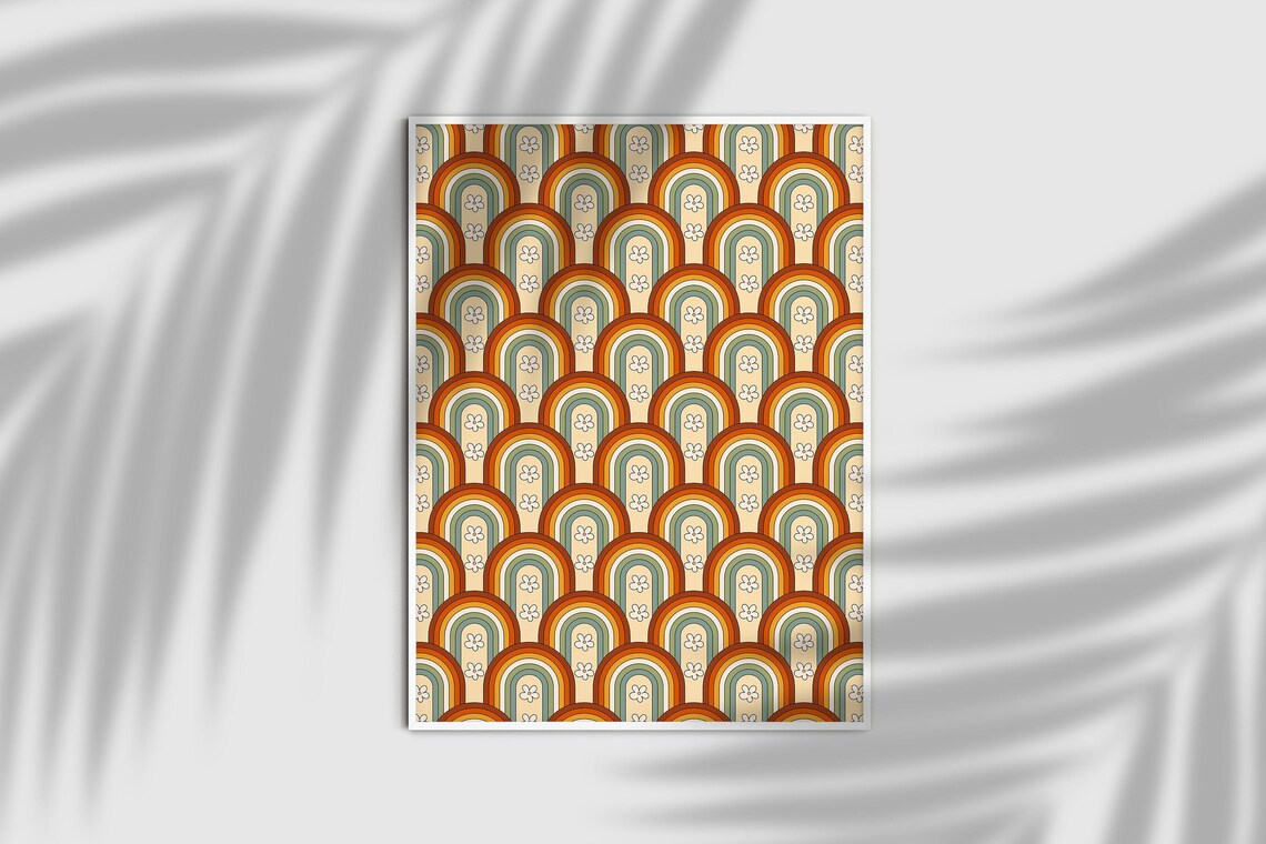 Retro Rainbow Floral Pattern 70s Wall Art Print