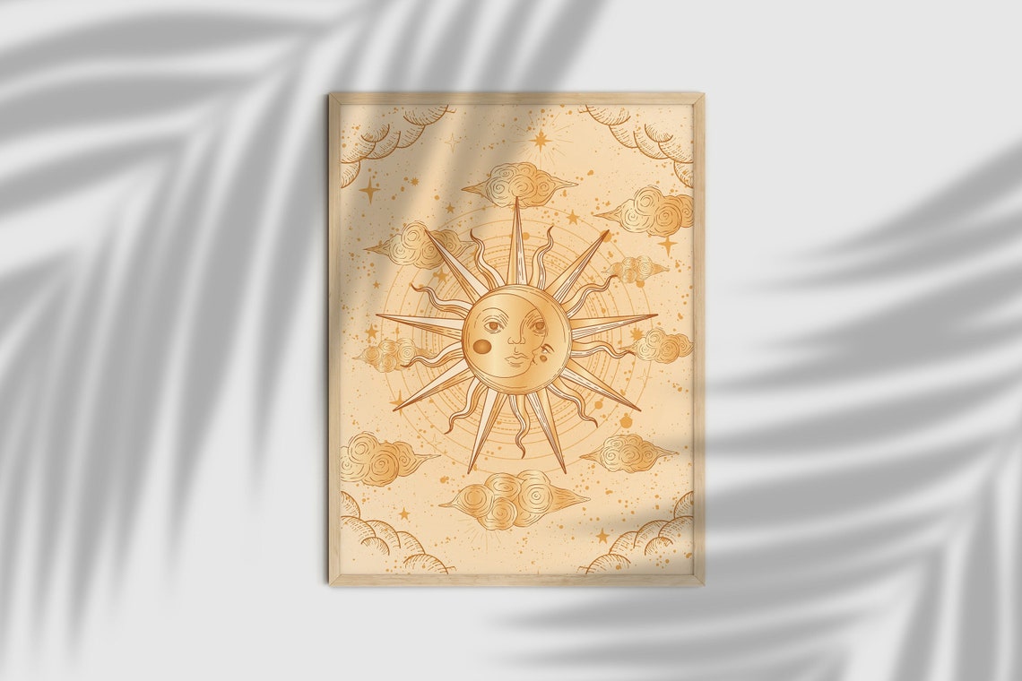 Celestial Sun And Moon Face Beige 70s Mystical Art Decor Poster