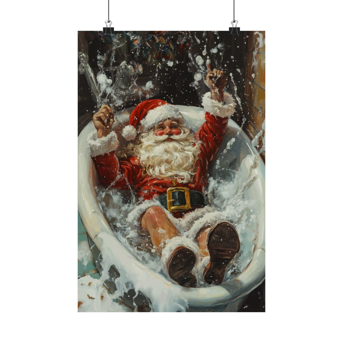 Santa Claus Relaxing In Bathtub Funny Christmas Holiday Art Poster - Image 2