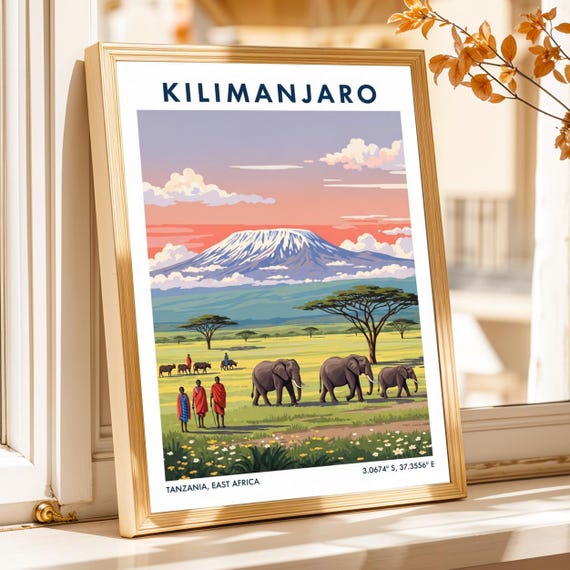 Kilimanjaro Landscape Poster African Travel Art Pink Purple Green Blue
