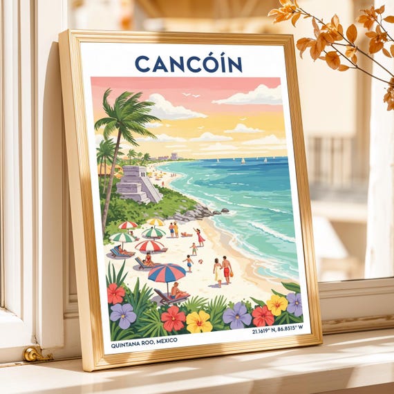 Cancn Beach Gouache Poster Vintage Mexican Travel Art