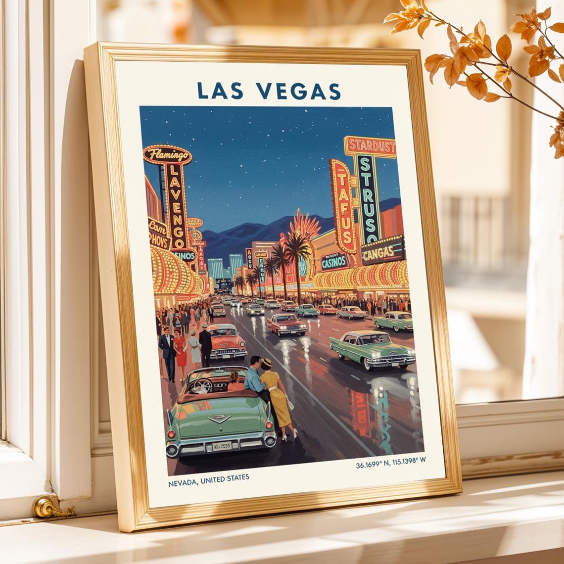 Las Vegas Nevada 1950s Neon Strip Classic Cars Retro Travel Poster