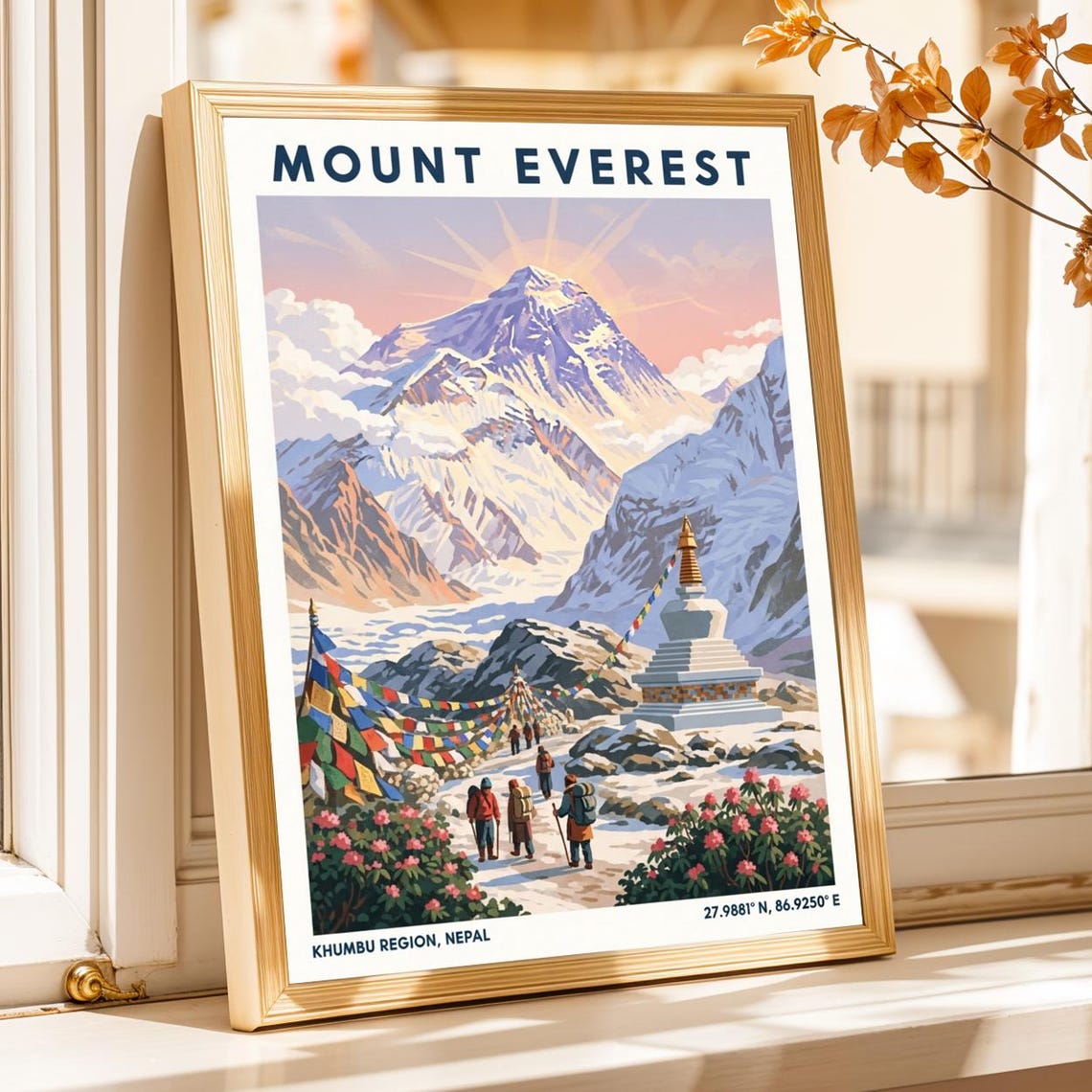 Mount Everest Nepal Travel Poster Prayer Flags Stupa Himalayas Art