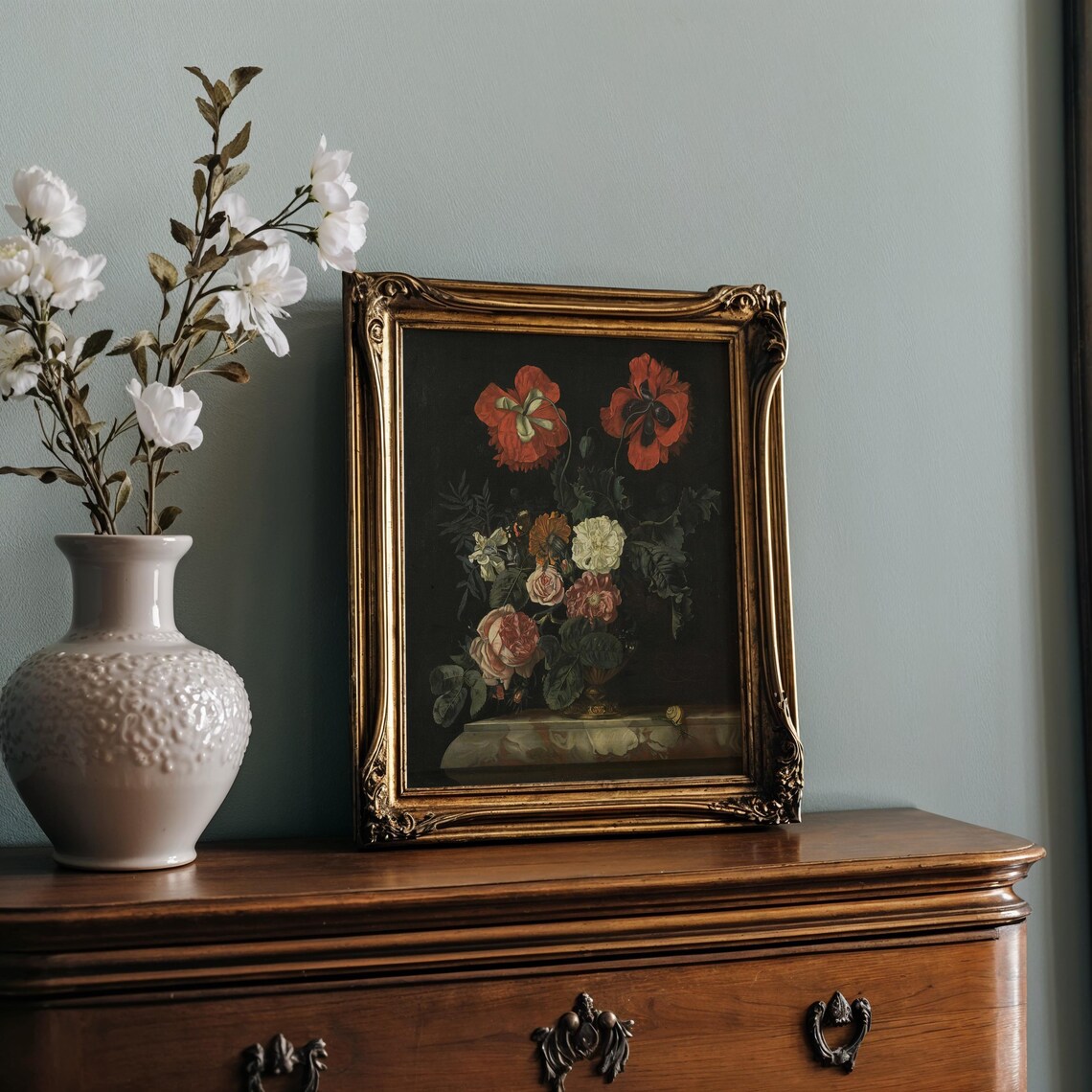 Red Poppies and Roses Dark Vintage Floral Still Life Painting Poster - Image 2