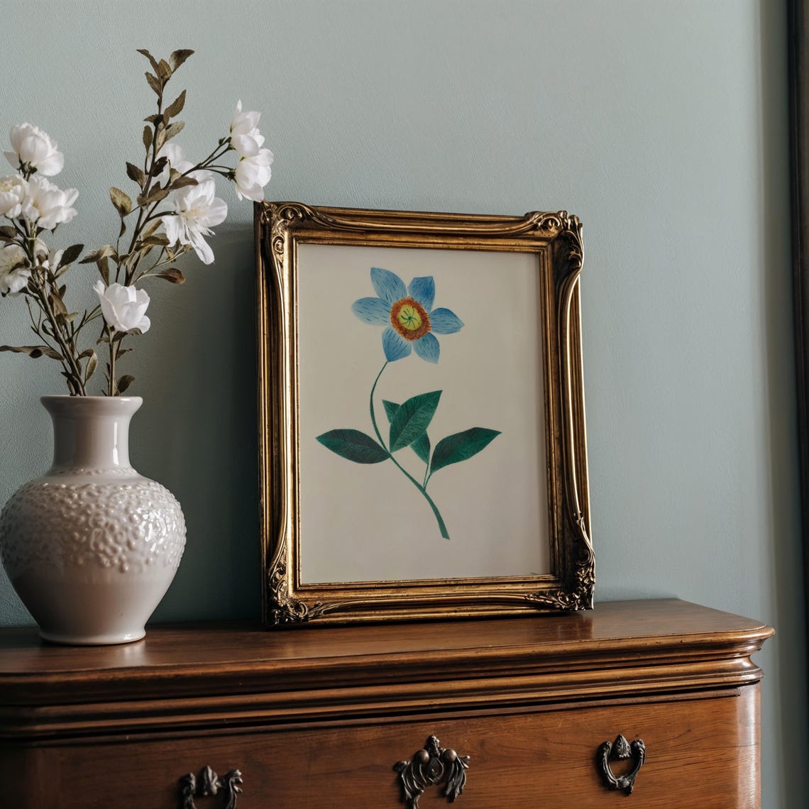 Single Blue Flower Minimalist Botanical Study Wall Decor Print - Image 2