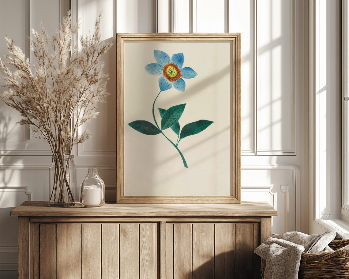Single Blue Flower Minimalist Botanical Study Wall Decor Print - Image 4