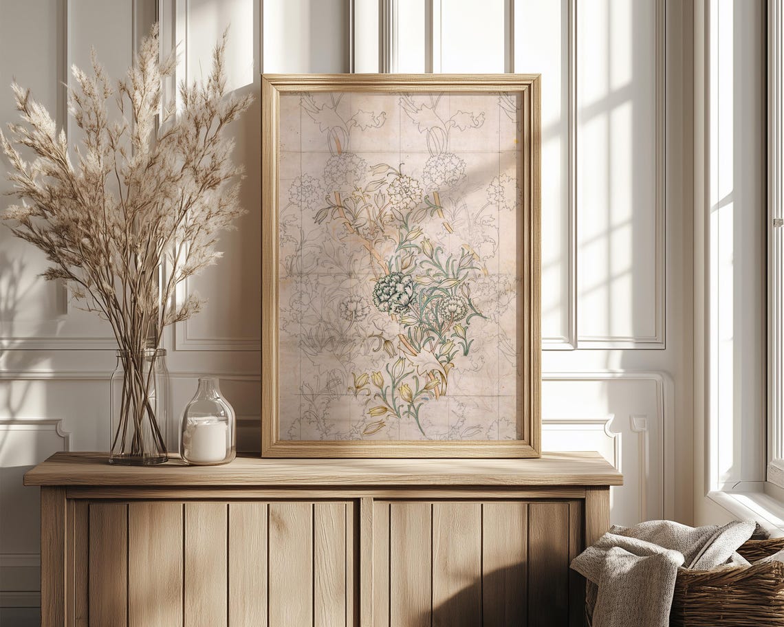 Botanical Line Drawing Study Faint Color Morris Style Art Poster - Image 4