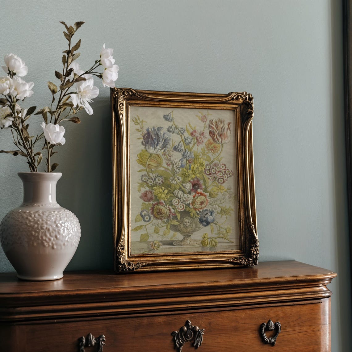 Antique Floral Bouquet Engraving Stone Urn Tulips Iris Poster - Image 2