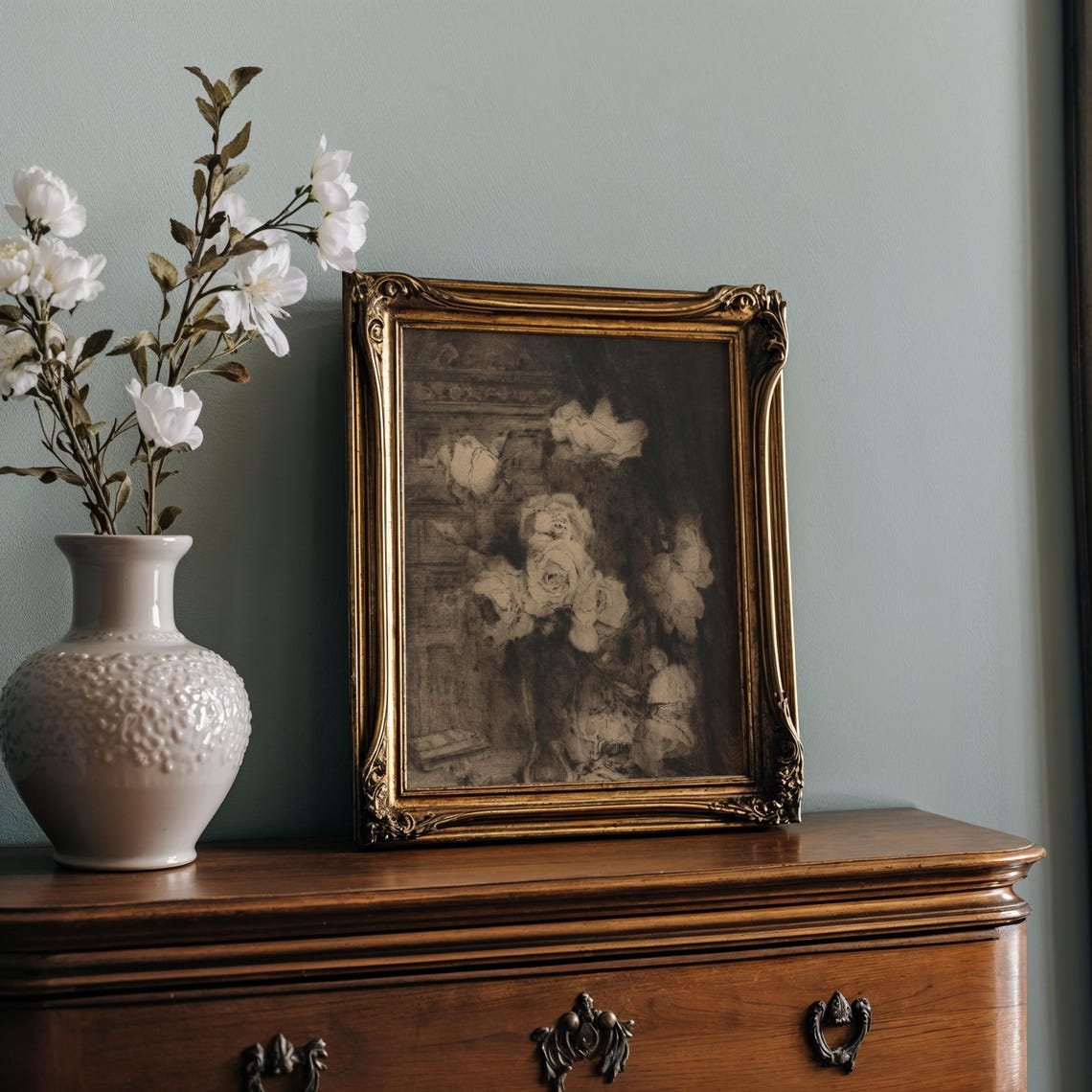 Sepia Rose Sketch Dark Moody Vintage Floral Still Life Poster - Image 2