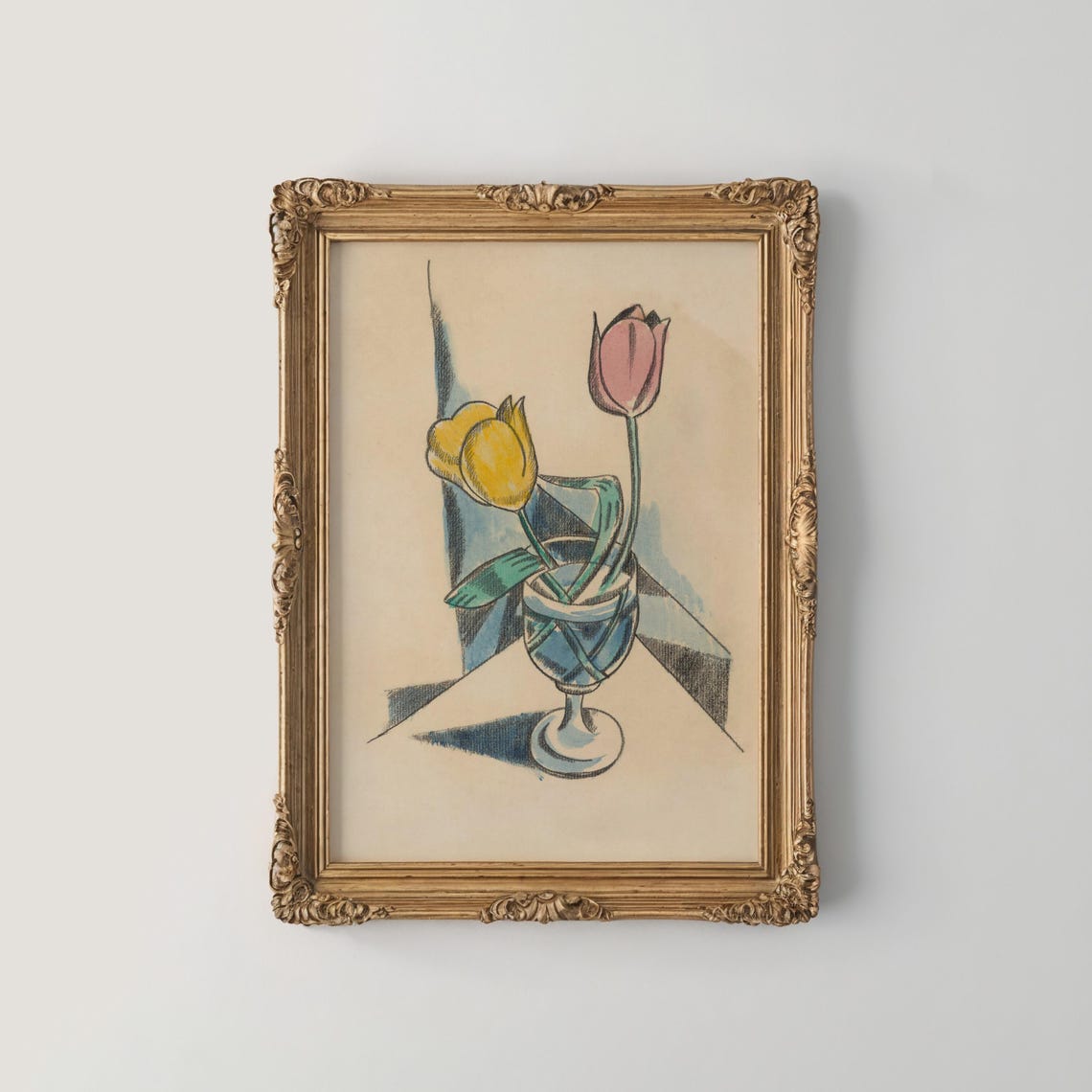 Yellow And Pink Tulips In A Glass Vase Cubist Style Art Print