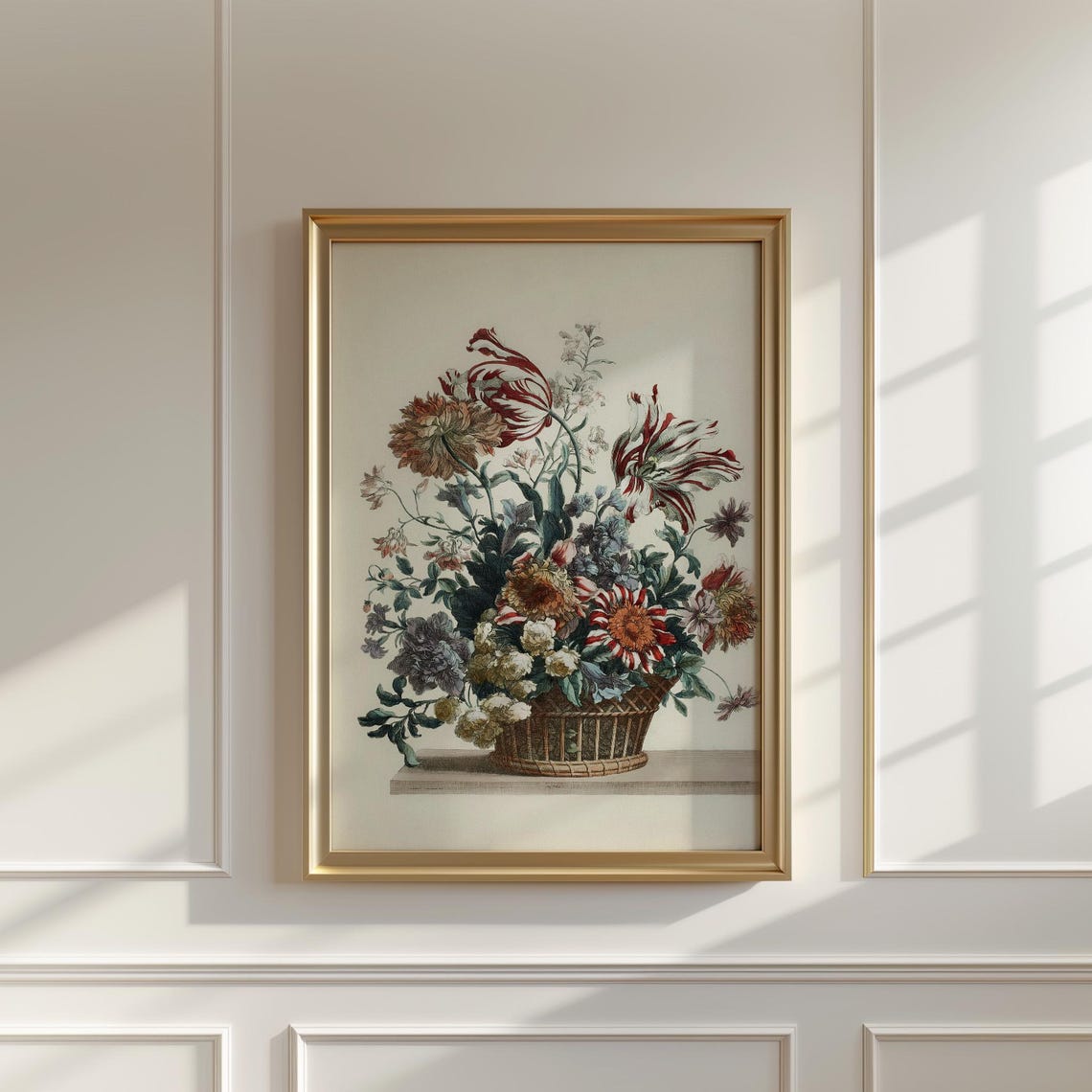 Hand Colored Art Flower Basket Broken Tulips Carnations Poster - Image 5