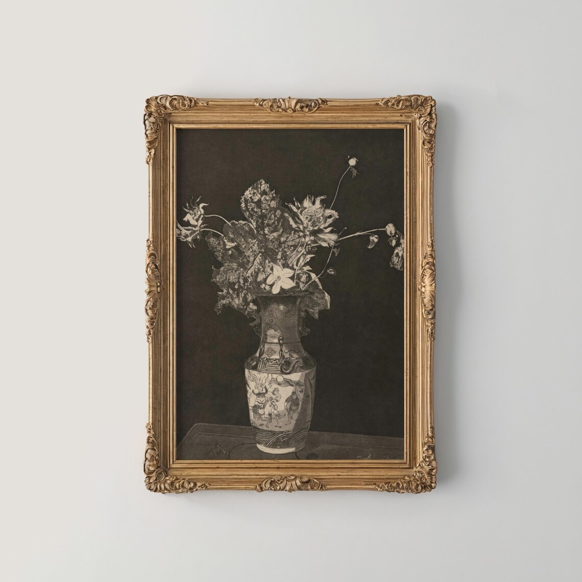 Monochrome Floral Still Life Chinese Vase Dark Background Poster
