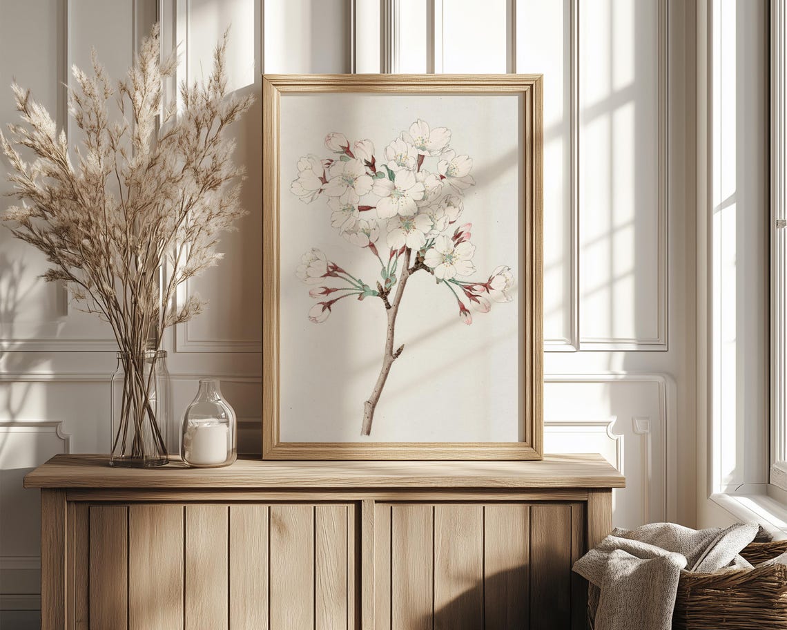 White Cherry Blossom Branch Vintage Botanical Illustration Poster - Image 4