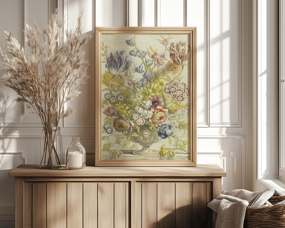 Antique Floral Bouquet Engraving Stone Urn Tulips Iris Poster - Image 4