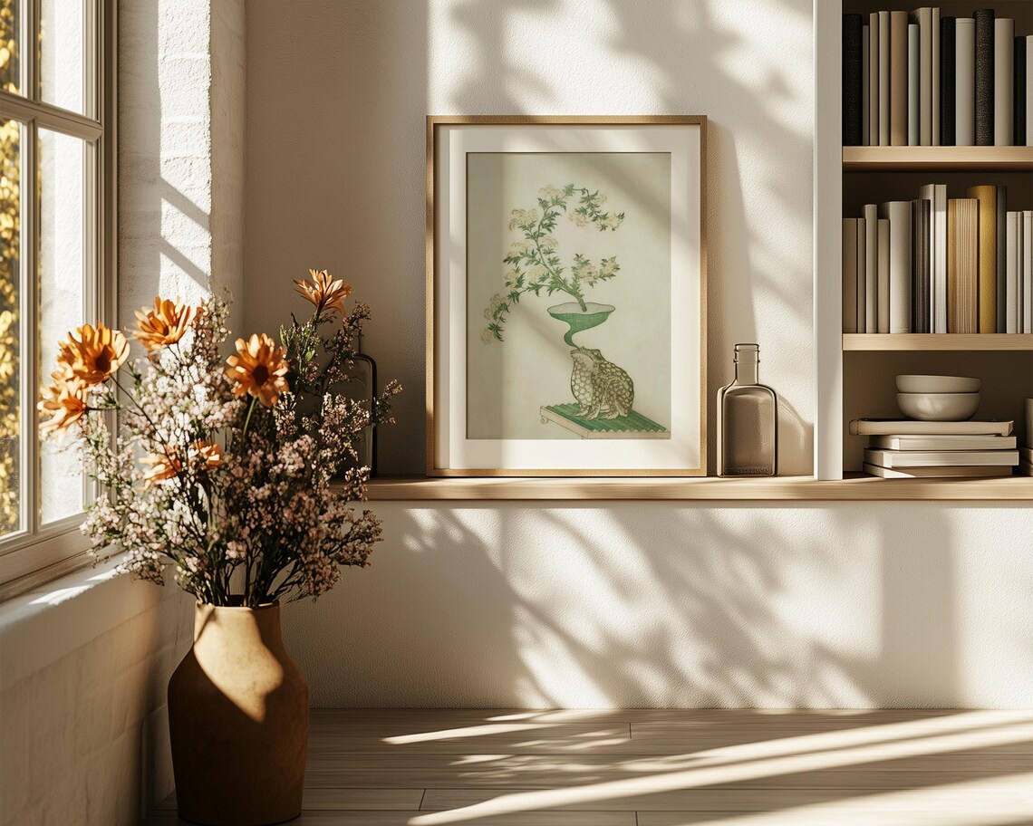 Japanese Woodblock Frog Blowing Floral Vase Whimsical Art Poster - Image 6