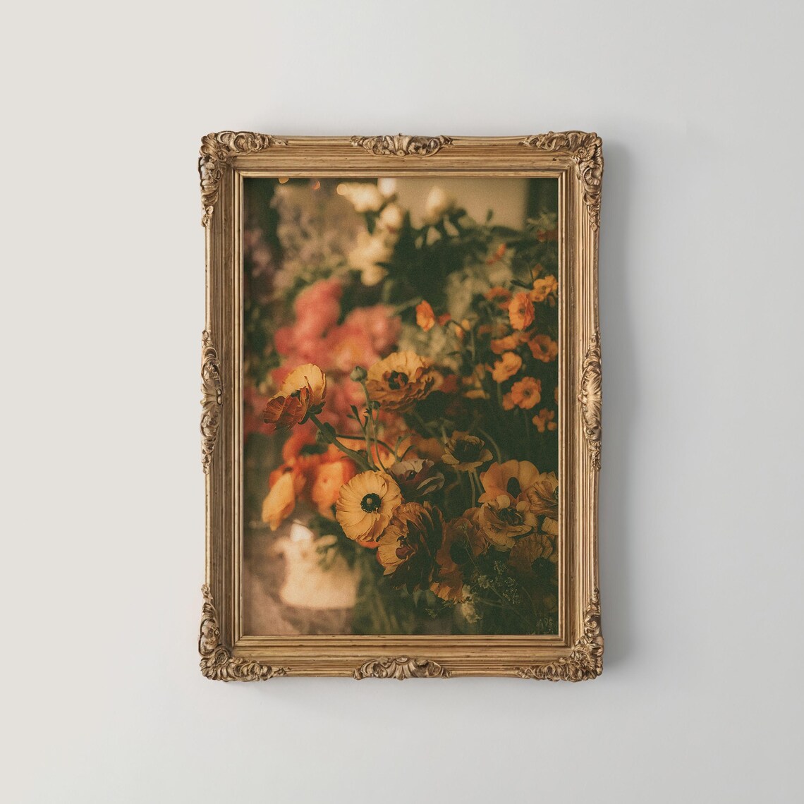 Golden Orange Ranunculus Bouquet Moody Floral Photography Print
