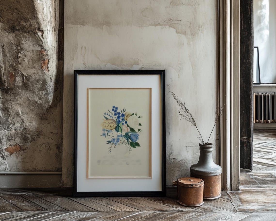 Soft Watercolor Bouquet Blue Forget Me Nots Yellow Tulip Poster - Image 3