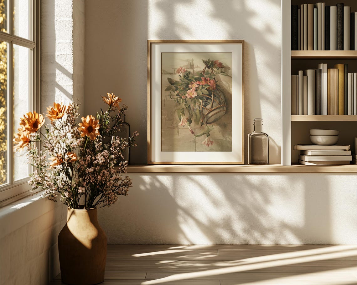 Pink Trumpet Blossoms Spilling from Woven Basket Still Life Poster - Image 6