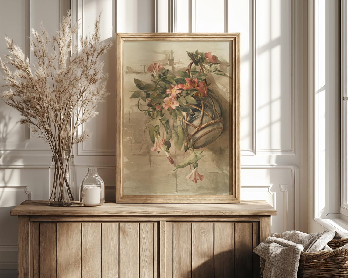 Pink Trumpet Blossoms Spilling from Woven Basket Still Life Poster - Image 4