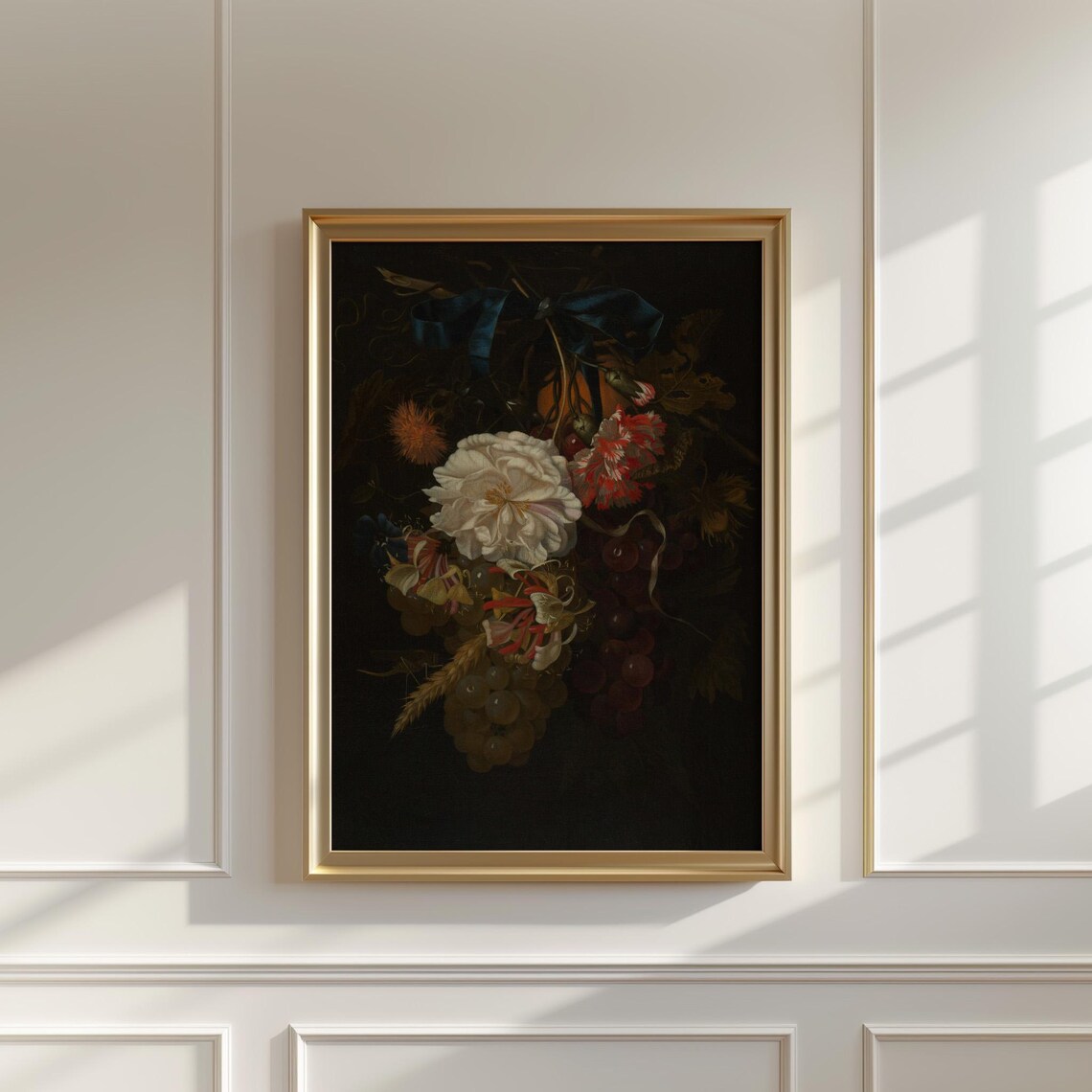 Dark Baroque Floral Festoon White Rose Blue Ribbon Vintage Poster - Image 5