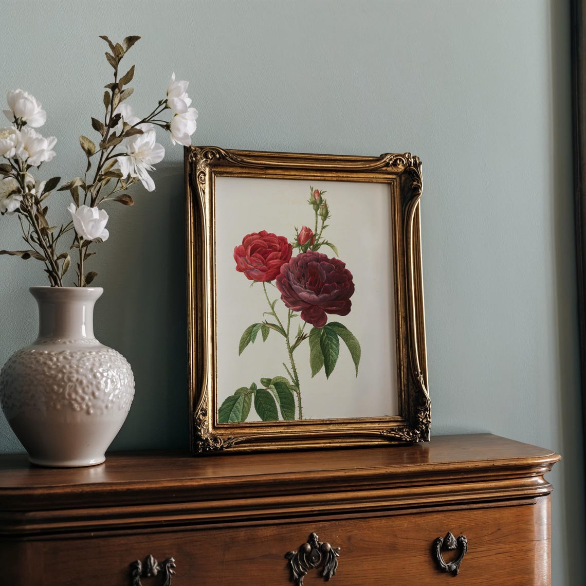 Deep Burgundy Garden Roses Classic Vintage Botanical Wall Print - Image 2