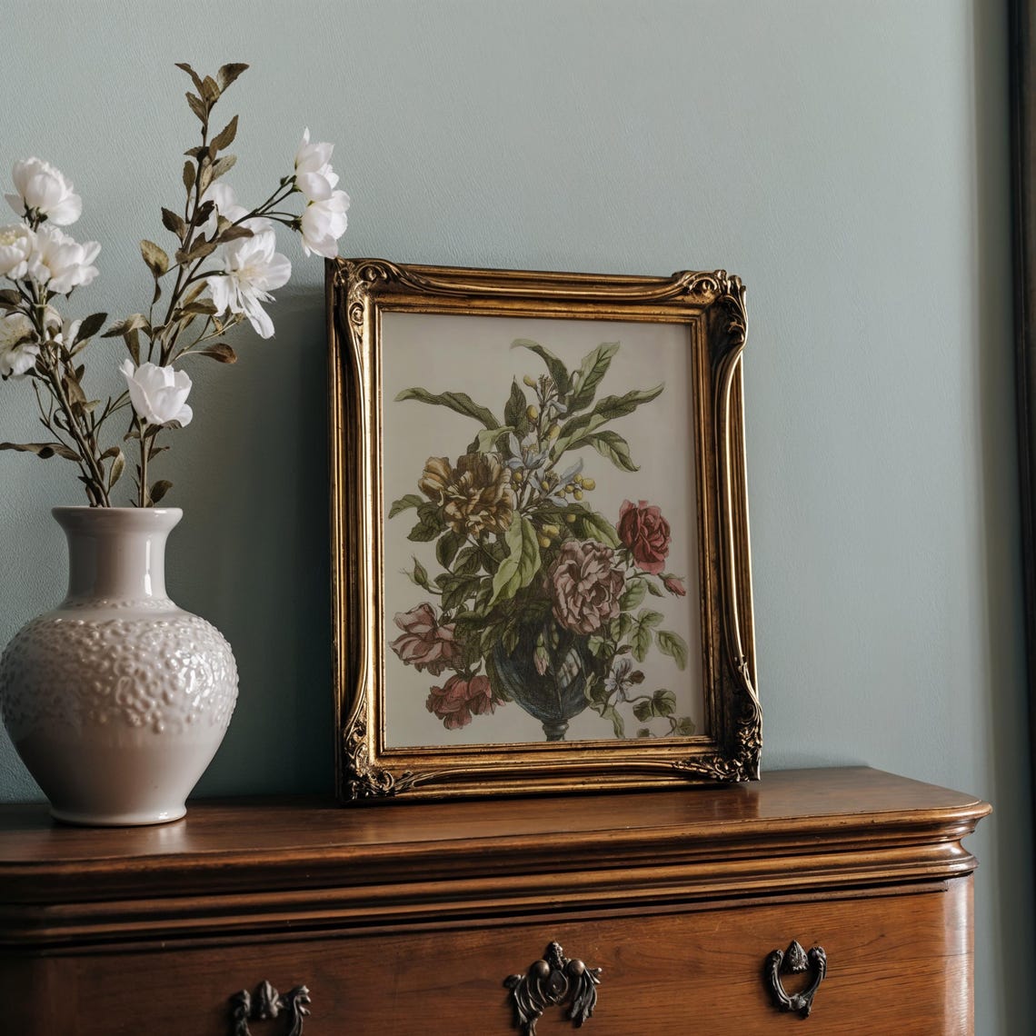 Classical Hand Colored Floral Engraving Roses Urn Vase Antique Poster - Image 2