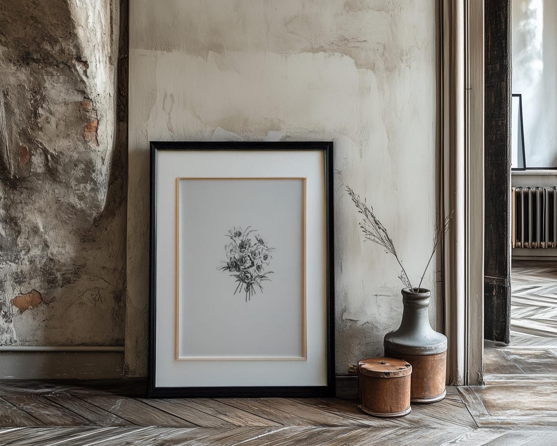 Vintage Black and White Botanical Bouquet Engraving Art Poster - Image 3